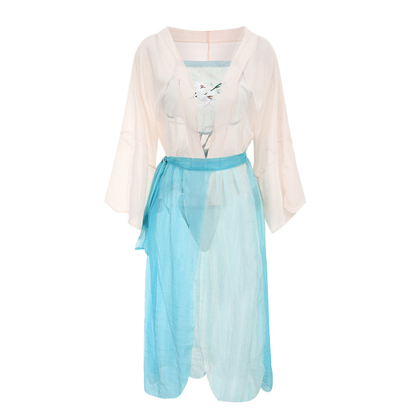 Sexy ancient chinese style lingerie set – embroidered sheer hanfu doudou with flowing blue skirt, perfect for traditional ele...