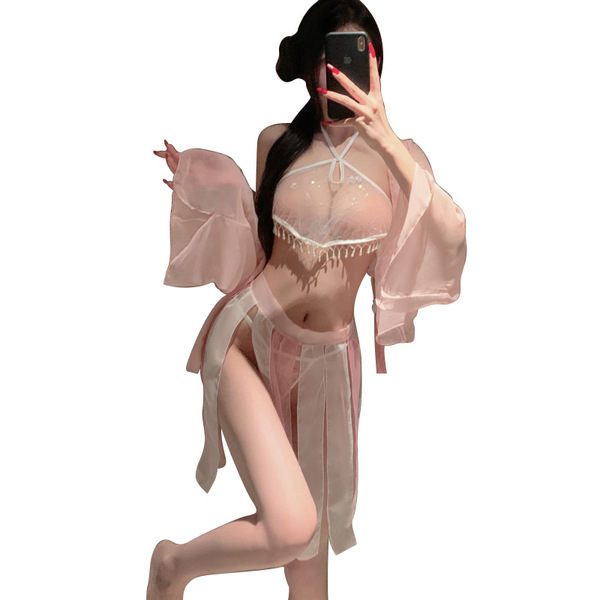 Sexy ancient chinese style lingerie set featuring lace cheongsam sleepwear with embroidered bodice and sheer chiffon.