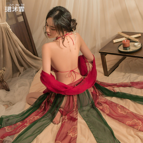 Sexy ancient chinese lingerie set - sheer hanfu costume with embroidered doudou & silk robe for romantic roleplay