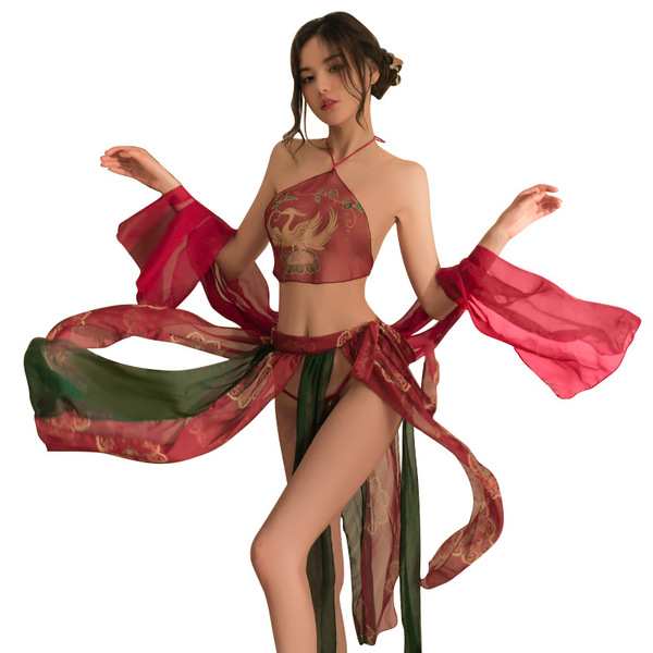 Sexy ancient chinese lingerie set featuring sheer hanfu costume with embroidered doudou and silk robe, perfect for romantic r...