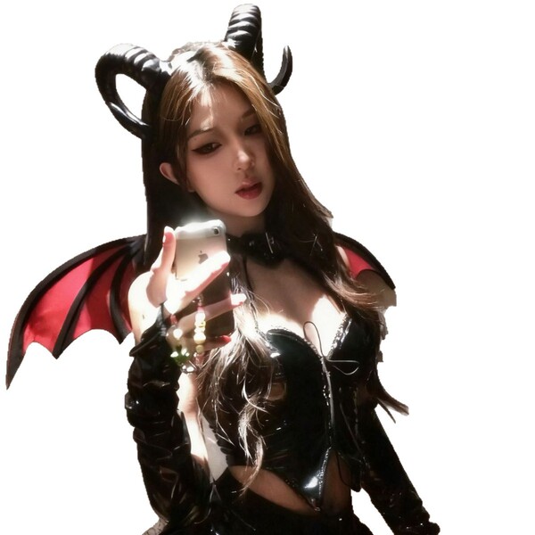 Sexy anime devil lingerie set featuring pu leather corset with cut-outs and ties, perfect for seductive allure.