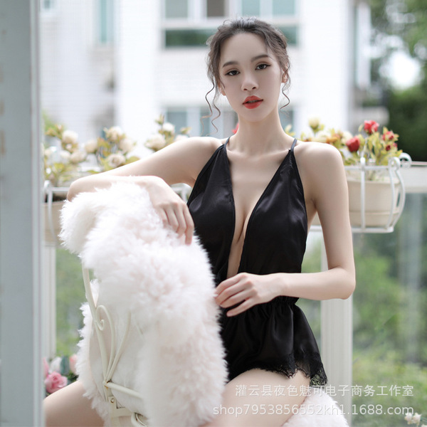 Sexy backless lace bodysuit for women, deep v-neck plus size sleepwear set, seductive matching nightwear.