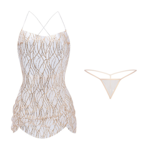 Sexy backless lace slip dress with gold chain straps, elegant erotic lingerie for women, featuring sheer fabric and intricate...