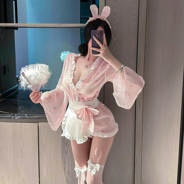 Sexy backless sleep dress featuring kawaii design, bunny ears, floral print, bow accents, perfect for nightwear with sheer fa...