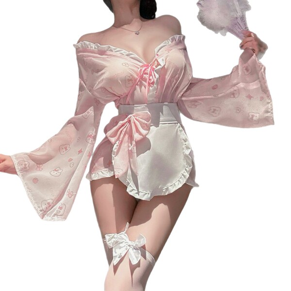 Sexy backless sleep dress featuring kawaii japanese-inspired design with floral print, bow accents, and soft fabric for pure ...