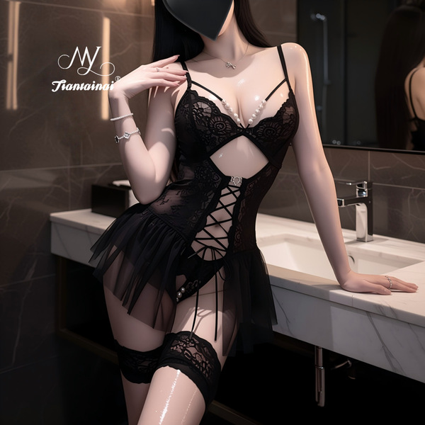 Sexy beaded lace bodysuit for women featuring sheer mesh skirt, open-crotch design, and no-remove style, perfect for elegant ...