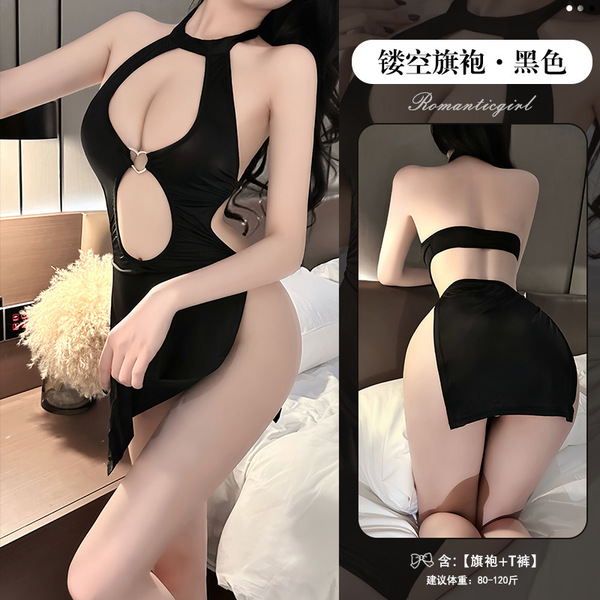Sexy Lace Cheongsam Lingerie Set - Seductive Sheer Cut-Out Mother-Step Dress with Nursing Access, Elegant & Playful - Sexy black (revealing cleavage and slit cheongsam dress + T-shirt)