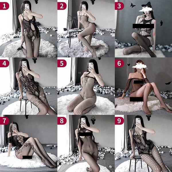 Sexy black fishnet bodysuit with crotchless design, sensual mesh lingerie outfit for adults, showcased in various poses.