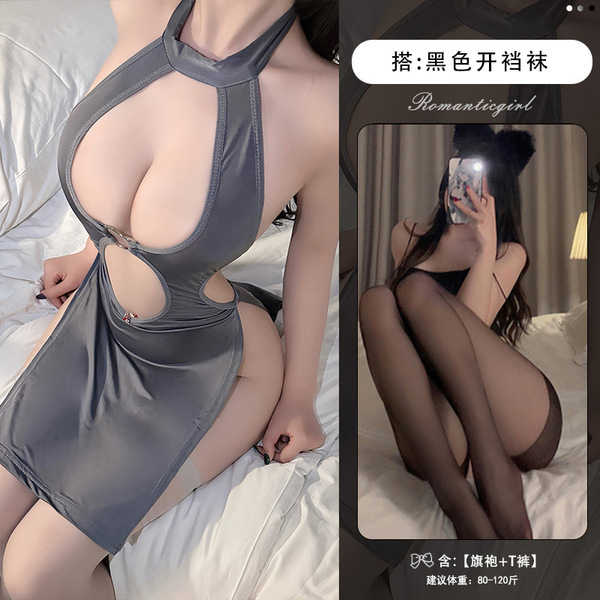 Sexy Lace Cheongsam Lingerie Set - Seductive Sheer Cut-Out Mother-Step Dress with Nursing Access, Elegant & Playful - Sexy black stockings with crotch opening
