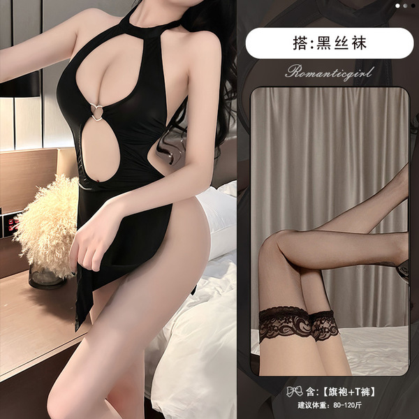 Sexy Lace Cheongsam Lingerie Set - Seductive Sheer Cut-Out Mother-Step Dress with Nursing Access, Elegant & Playful - Sexy black + black stockings