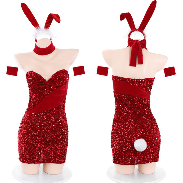 Sexy bunny costume red sequin corset dress - holiday party outfit for new year & christmas nightclub performance