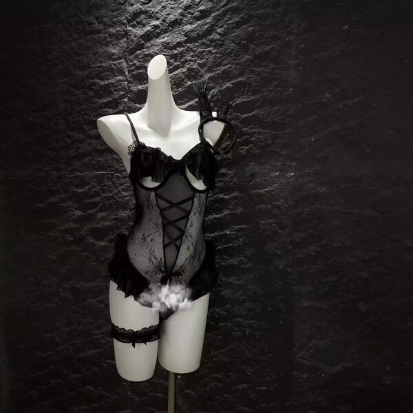 Sexy bunny costume set: sheer mesh lingerie with open-crotch and cut-out bust, easy-on erotic outfit on mannequin.