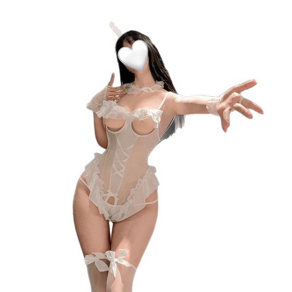 Sexy bunny costume for women - cute maid outfit with ruffle trim, flirty lingerie set for couples role play