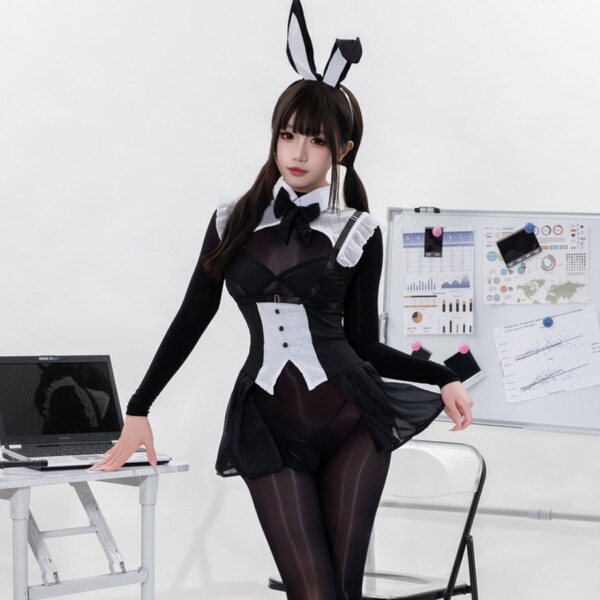 Sexy bunny costume for women - seductive sheer lace bodysuit, tight-fit playful cosplay outfit featuring bunny ears and a sty...