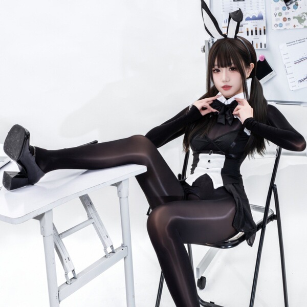 Sexy bunny costume for women - seductive sheer lace bodysuit, tight-fit playful cosplay outfit featuring black tights, high h...