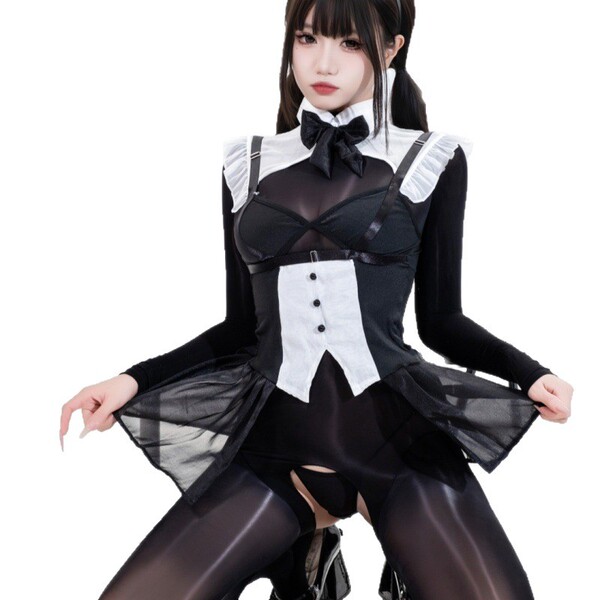 Sexy bunny costume for women - seductive sheer lace bodysuit with bow tie and skirt, perfect for playful cosplay outfits