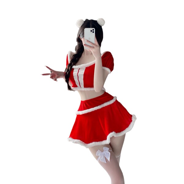 Sexy bunny girl christmas outfit - red enthusiast lingerie set with white trim for holiday party & new years eve