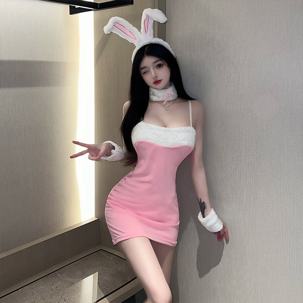 Sexy bunny girl costume set - christmas role play outfit, featuring a tight pink mini dress with bunny ears and matching acce...