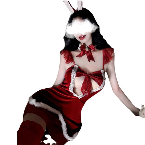 Sexy bunny girl costume set - festive christmas catwoman bodysuit for women, naughty holiday cosplay outfit featuring red vel...