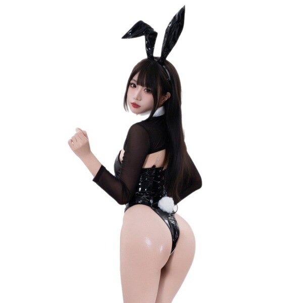 Sexy bunny girl latex-style bodysuit featuring black rabbit ears and shorts with white pom-pom, perfect for playful romance.