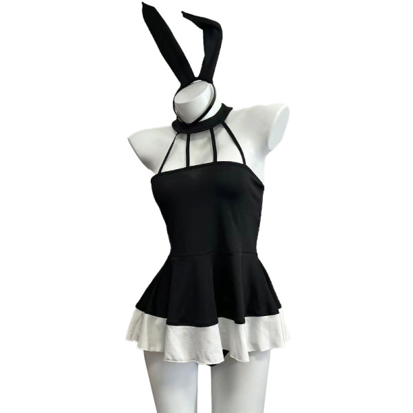 Black bunny lingerie set with sheer dress, adjustable straps, and cute ears – alluring no-remove design for women.