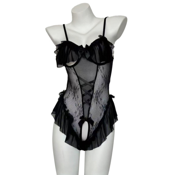 Sexy black ruffle bodysuit with sheer lace and bow details, perfect for a flirty cat or bunny girl costume look.