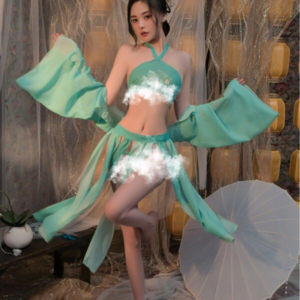 Sexy chinese hanfu lingerie set - sheer chiffon wrap top & skirt, pure-yet-sensual oriental style outfit with flowing sleeves...