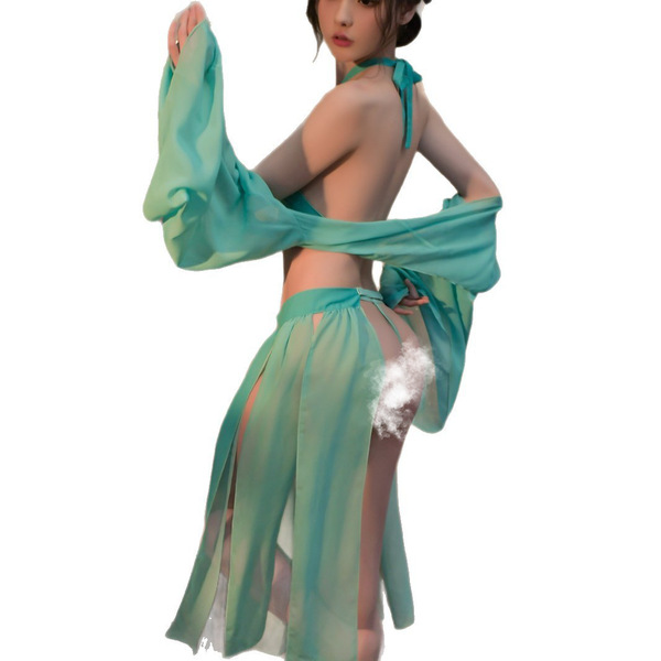 Sexy chinese hanfu lingerie set - sheer chiffon wrap top & skirt, pure-yet-sensual oriental style outfit