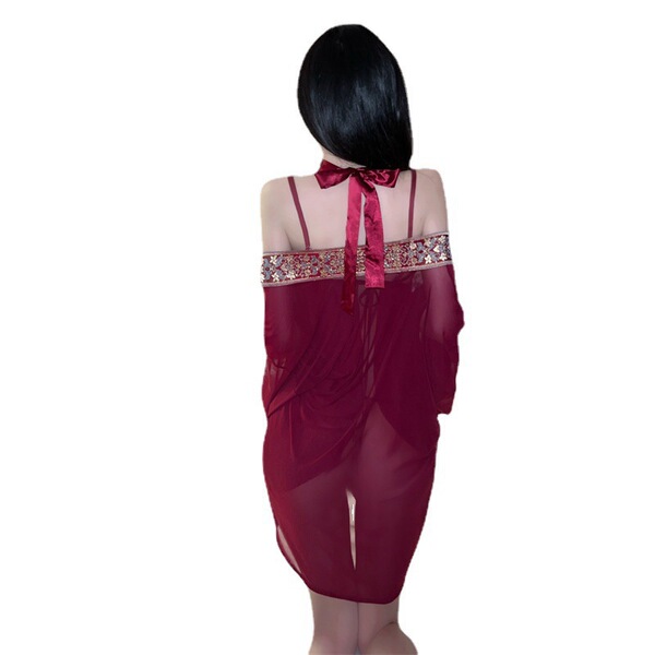 Back view of woman wearing red sheer mesh cheongsam lingerie with vintage bodice and matching jacket.