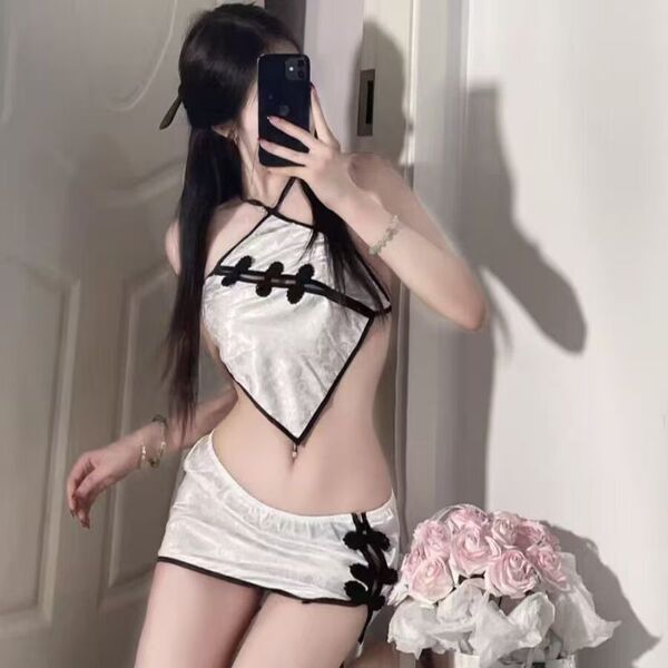 Sexy chinese-style lingerie set featuring retro cheongsam bodysuit with backless design and traditional frog buttons, perfect...