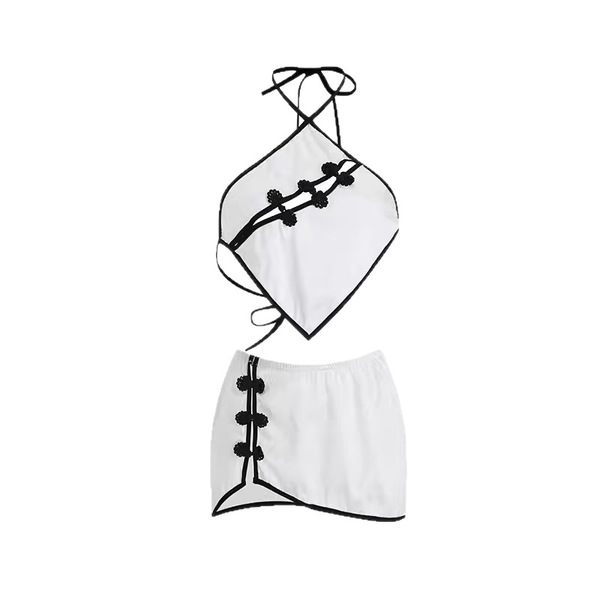 Sexy chinese-style lingerie set featuring retro cheongsam bodysuit with backless design and traditional frog buttons.