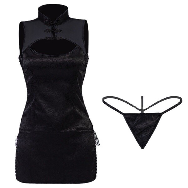 Sexy chinese-style lingerie set - vintage qipao outfit with brocade buttons & adjustable ties, seductive retro look