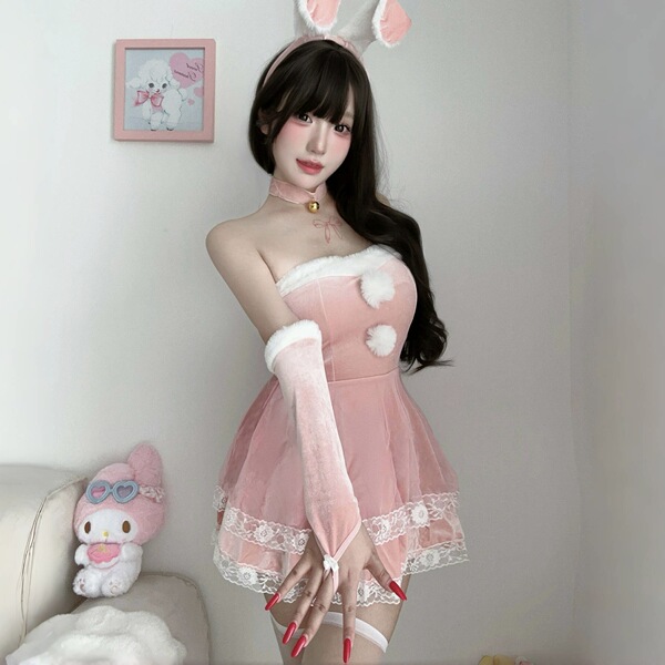 Sexy christmas bunny costume for women - festive new year cosplay outfit & holiday lingerie set featuring a pink dress with b...
