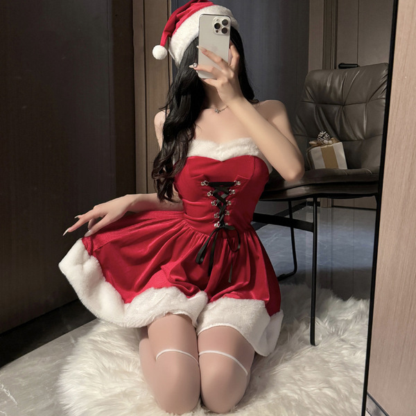 Sexy christmas costume outfit - festive holiday cosplay & anime-themed lingerie performance dress featuring a red corset dres...
