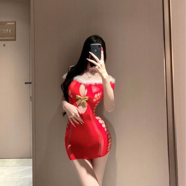Sexy christmas lingerie set - red fuzzy bodycon mesh dress for couples play & holiday romance