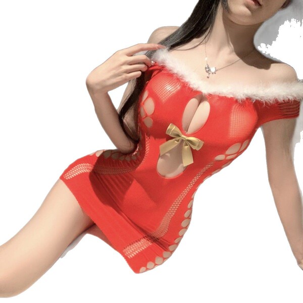 Sexy christmas lingerie set - red fuzzy bodycon mesh dress with bow detail for couples play & holiday romance