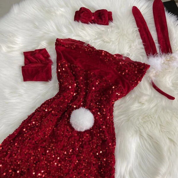 Sexy christmas lingerie set - red sparkly bunny girl outfit featuring a sequined bodysuit, skirt, headband with bunny ears, a...
