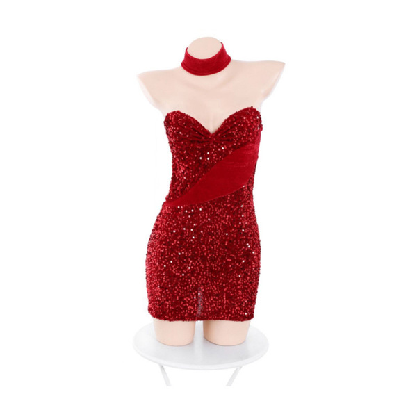 Sexy christmas lingerie set - red sparkly bunny girl outfit, featuring a cleavage-enhancing bodysuit and sequined skirt, perf...