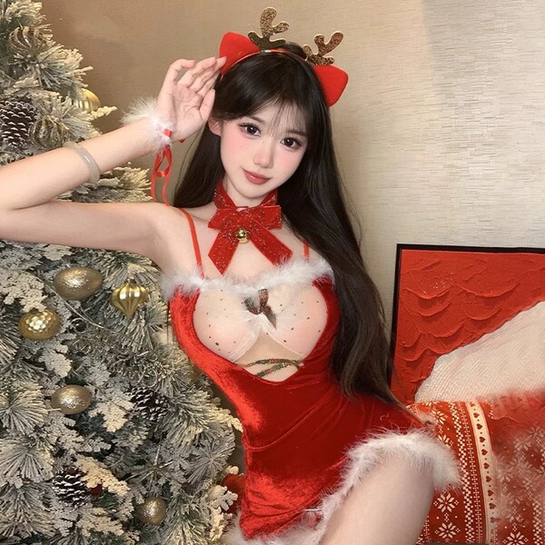 Sexy christmas lingerie set for women - festive reindeer-themed sleepwear & party outfit featuring red velvet with antlers an...