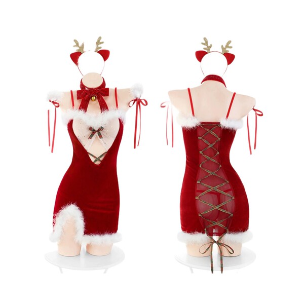 Sexy christmas lingerie set for women - festive reindeer-themed sleepwear & party outfit featuring red velvet dress with lace...