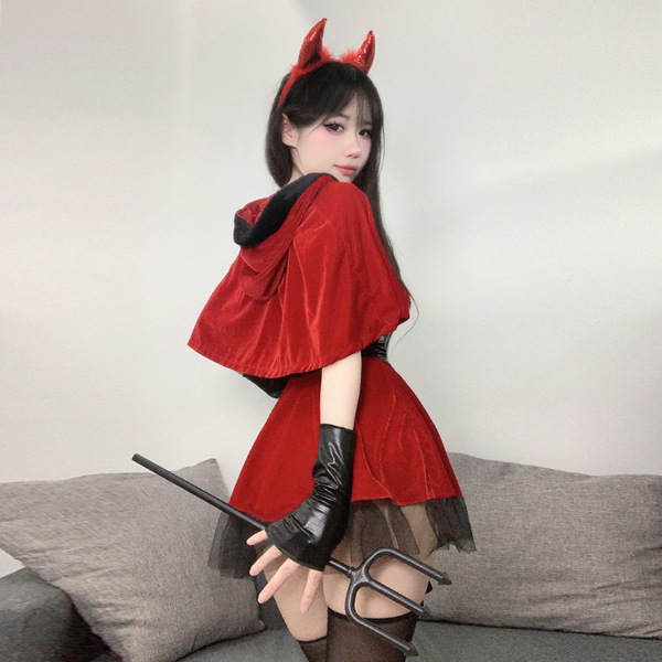 Sexy christmas party lingerie - naughty elf costume featuring red velvet cape, devil horns, and black gloves perfect for holi...