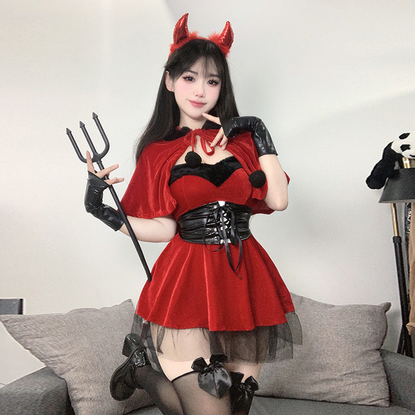 Sexy christmas party lingerie - naughty elf costume featuring devil horns, red cape, trident, and black stockings perfect for...