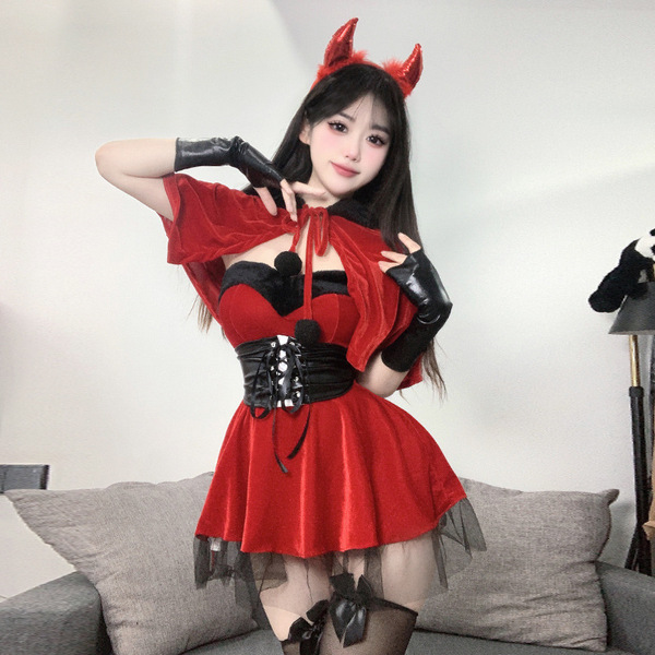 Sexy christmas party lingerie - naughty elf costume featuring red dress, black gloves, and devil horns, perfect for holiday p...