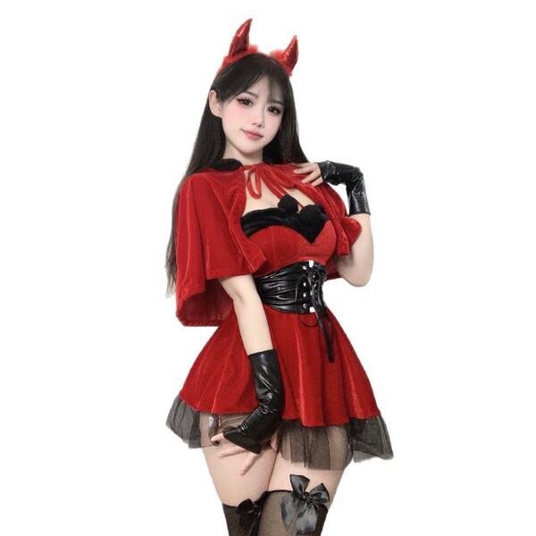 Sexy christmas party lingerie - naughty elf costume featuring red velvet dress, black accents, gloves, and headband perfect f...