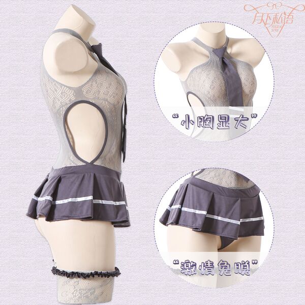 Sexy college girl lingerie set - jk uniform outfit with sheer mesh bodysuit & thigh-high stockings