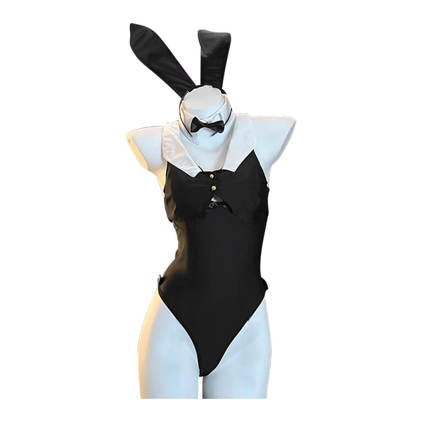 Black bunny girl bodysuit with ears and bow tie, sexy cosplay lingerie set for women, no-remove temptation outfit.
