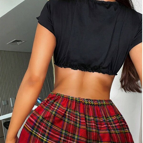 Sexy cosplay uniform set featuring a black crop top with a plaid mini skirt, perfect for adult role play and costume parties.