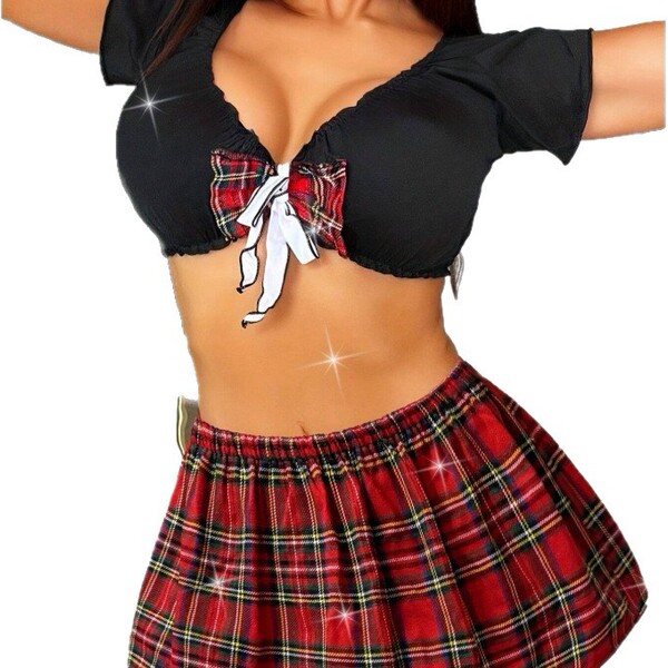 Sexy cosplay uniform set - plaid mini skirt & matching top for adult role play & costume parties