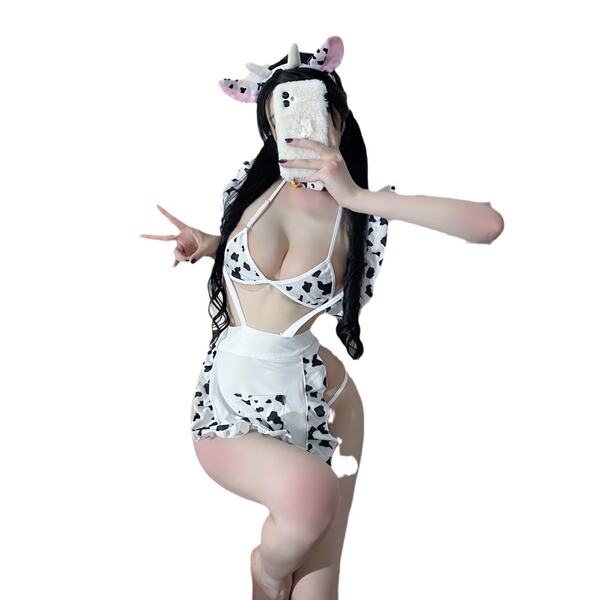 Sexy cowgirl maid costume with playful black-and-white print, cute horns, and tempting design for role play lingerie fun.