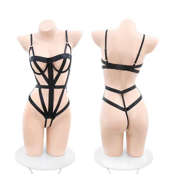 Sexy cross-back secretary bodysuit with lace-up design, perfect for role play and bondage.